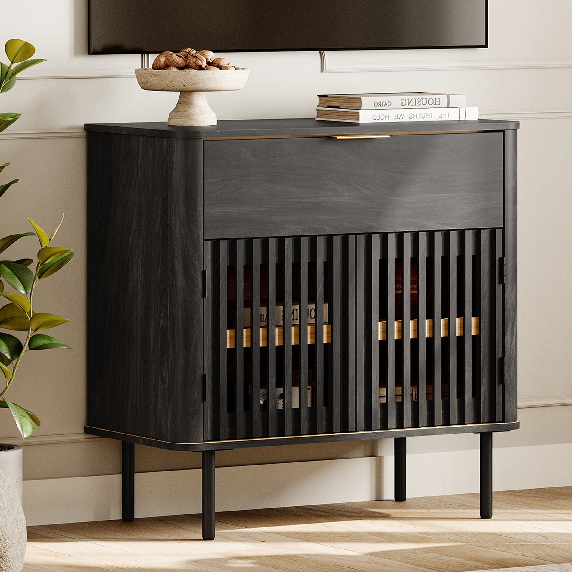 31.5" W 1-Drawer and 2-Door Fluted Sideboard with Adjustable Shelf, Black