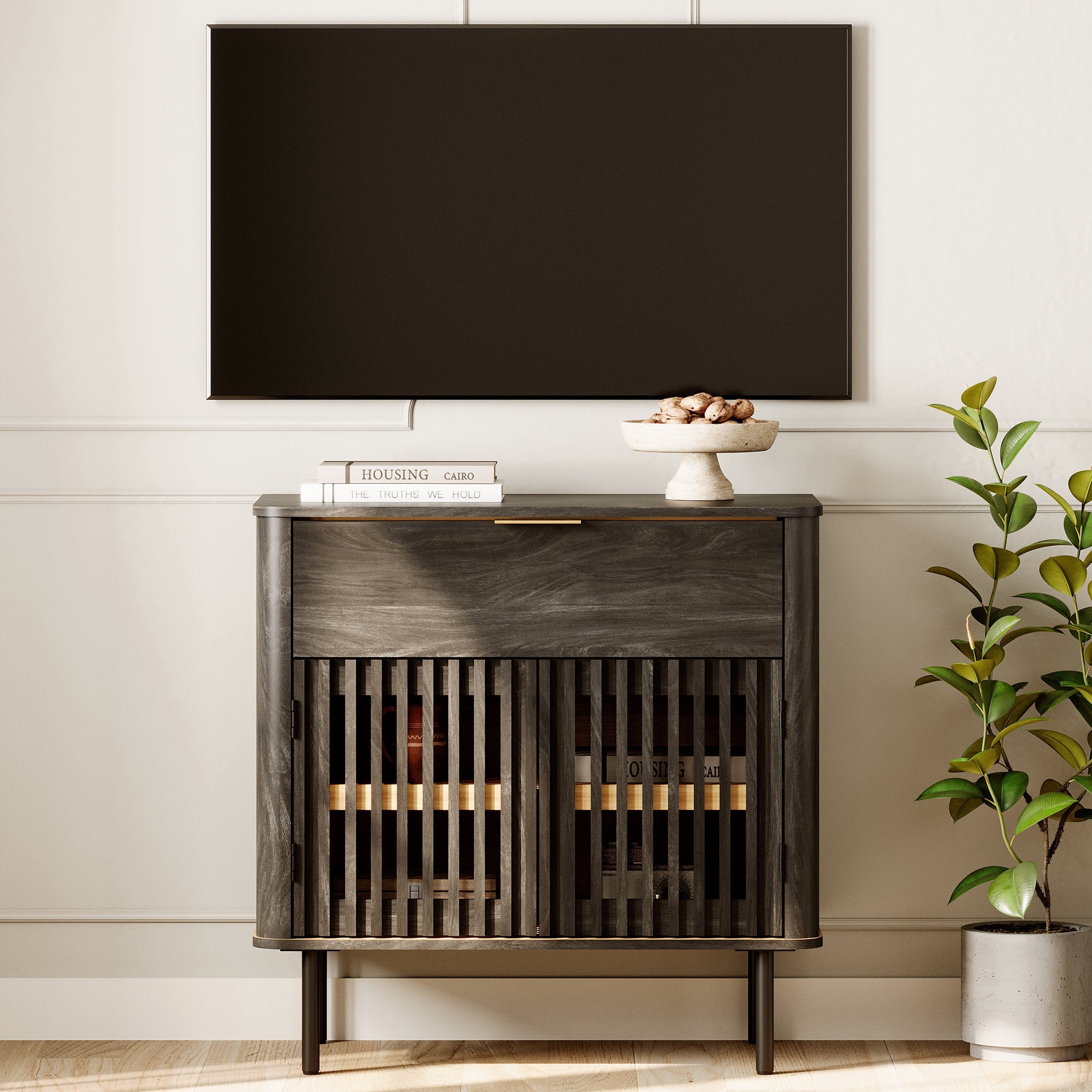 31.5" W 1-Drawer and 2-Door Fluted Sideboard with Adjustable Shelf, Black