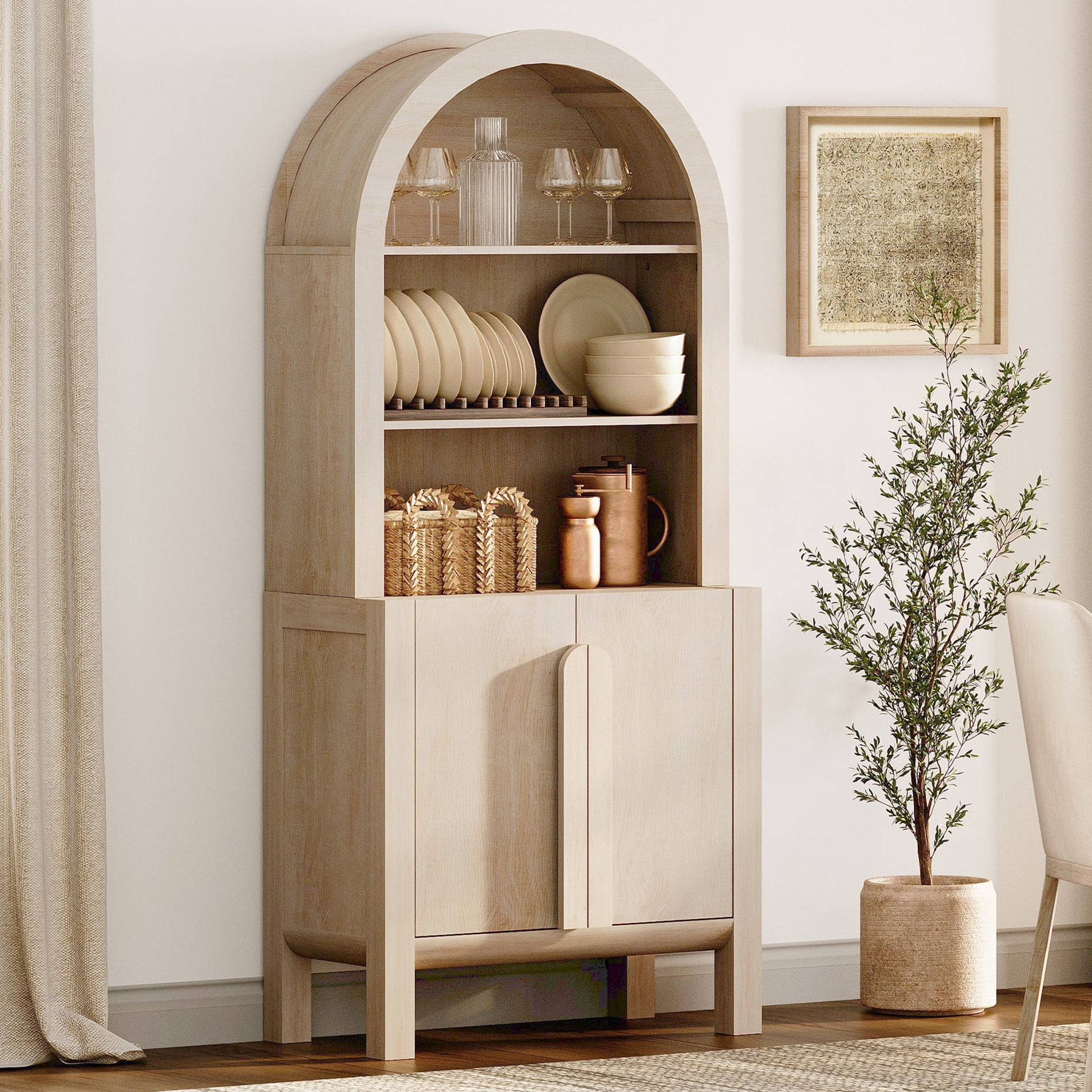 31.5"W Arched Kitchen Hutch Sideboard, Mid-Century Modern Buffet Hutch Cabinet with 2 Wooden Doors And 3 Tier Shelves