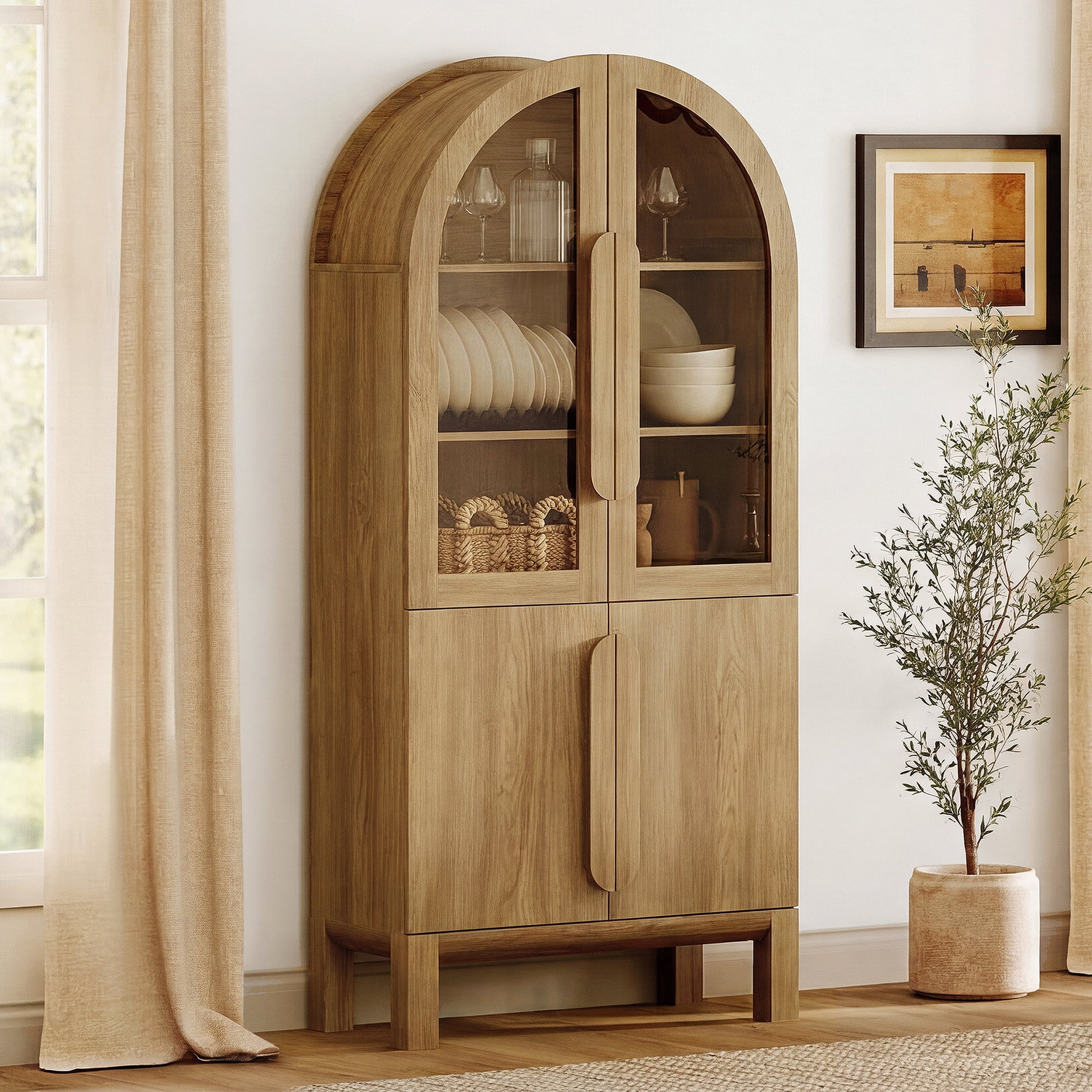 31.5"W Arched Kitchen Hutch Sideboard, Mid-Century Modern Wooden Buffet Hutch Cabinet with 2 Glass Doors And 3 Tier Shelves
