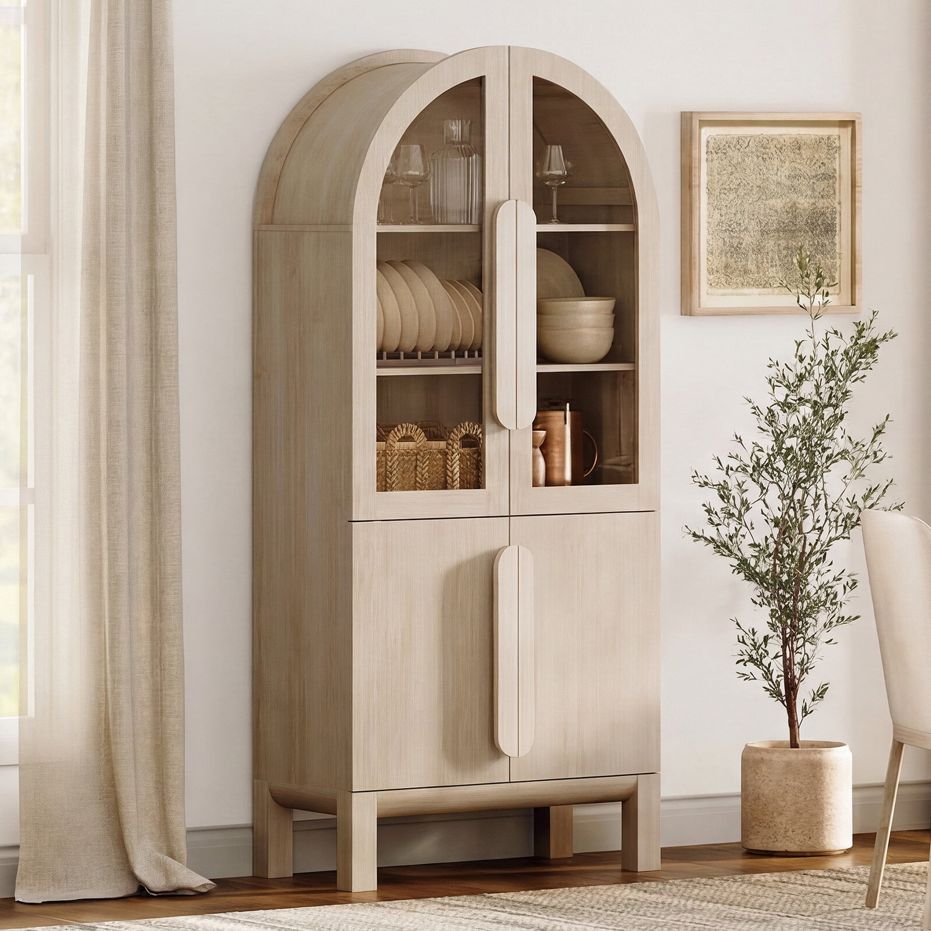 31.5"W Arched Kitchen Hutch Sideboard, Mid-Century Modern Wooden Buffet Hutch Cabinet with 2 Glass Doors And 3 Tier Shelves