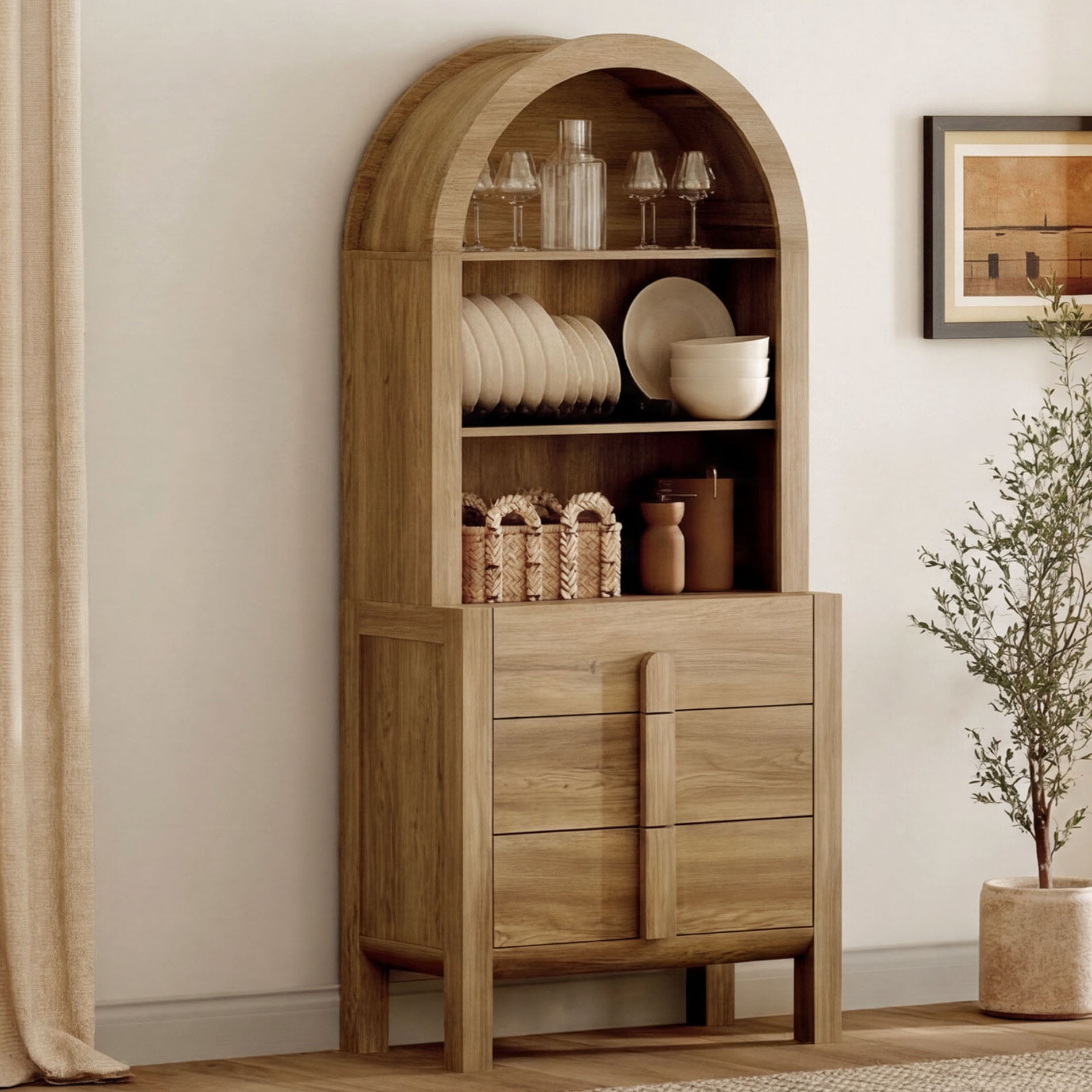 31.5"W Arched Kitchen Hutch Sideboard, Mid-Century Modern Wooden Buffet Hutch Cabinet with 3 Drawerrs And 3 Tier Shelves