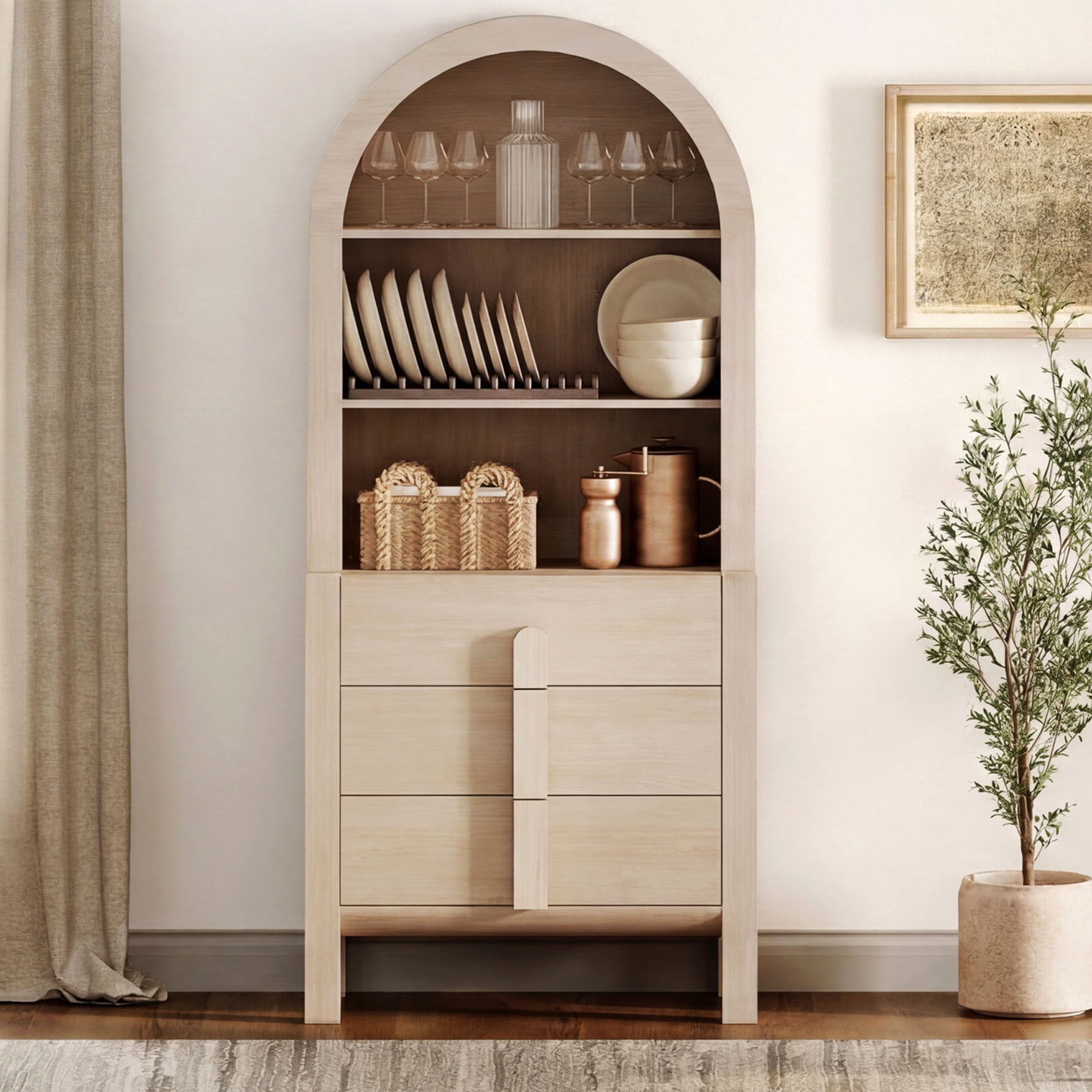 31.5"W Arched Kitchen Hutch Sideboard, Mid-Century Modern Wooden Buffet Hutch Cabinet with 3 Drawerrs And 3 Tier Shelves