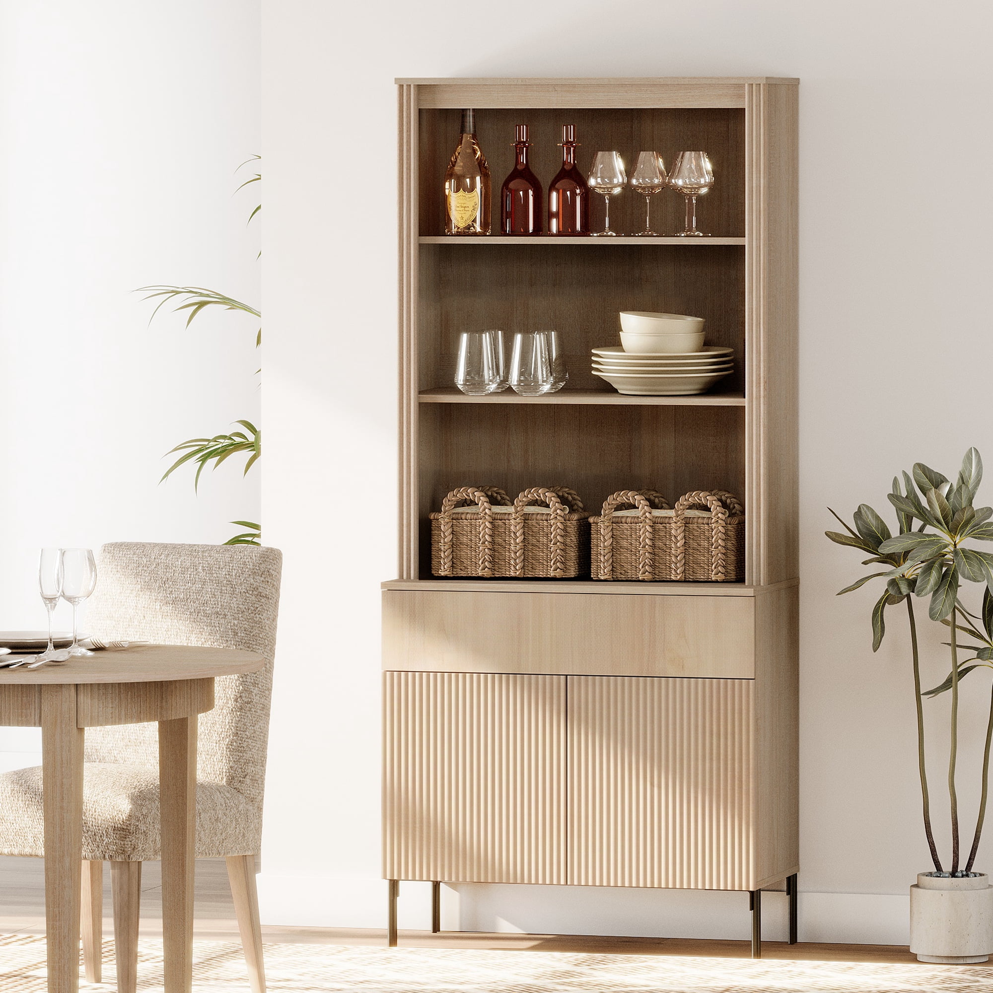 31.5"W Fluted Kitchen Hutch Sideboard with Adjustable Shelves, Wooden Modern 5-Tier Buffet Hutch Cabinet with 2 Doors And 1 Drawer