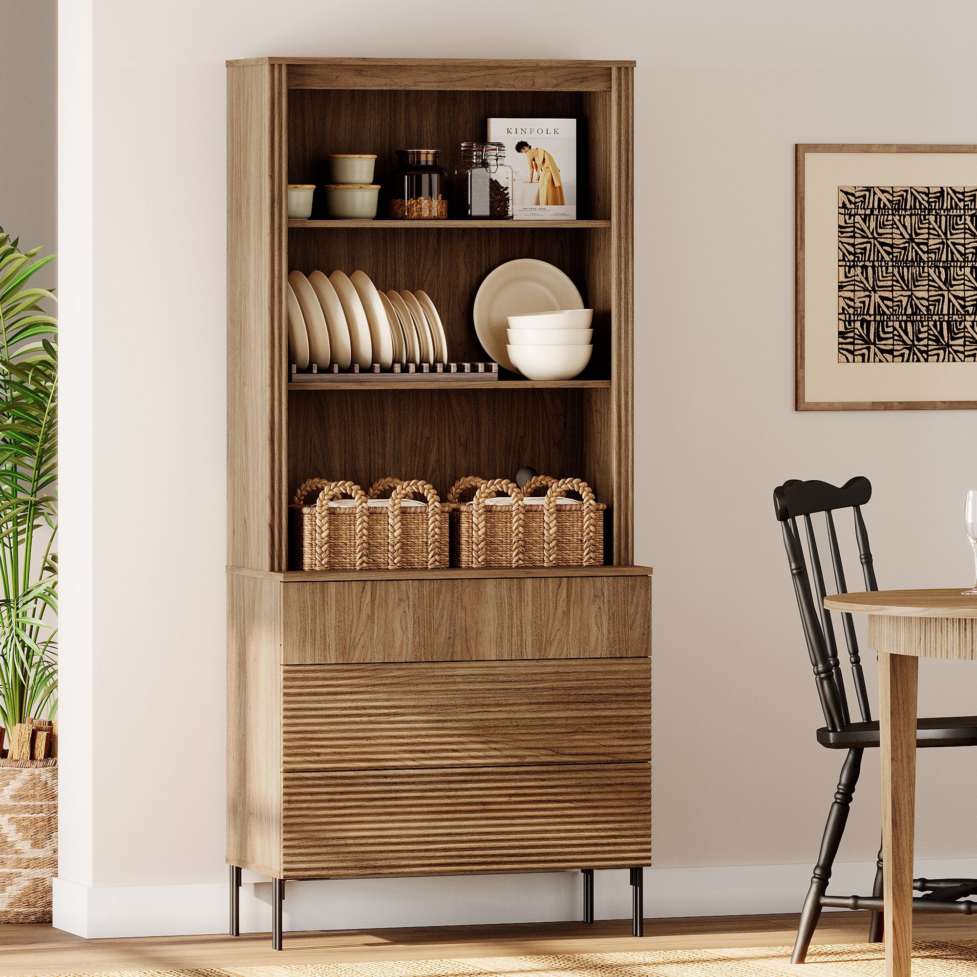31.5"W Fluted Kitchen Hutch Sideboard with Adjustable Shelves, Wooden Modern Buffet Hutch Cabinet with 3 Drawers And 3 Tier Shelves