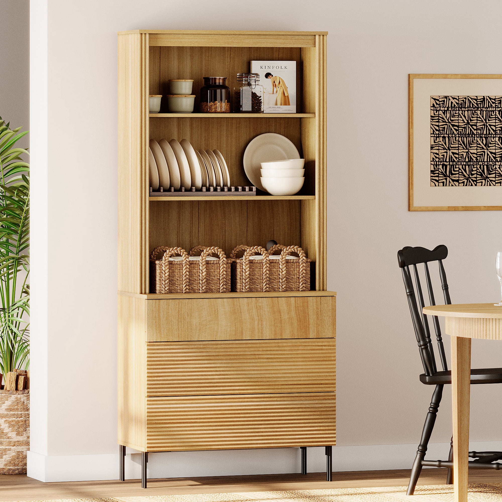 31.5"W Fluted Kitchen Hutch Sideboard with Adjustable Shelves, Wooden Modern Buffet Hutch Cabinet with 3 Drawers And 3 Tier Shelves