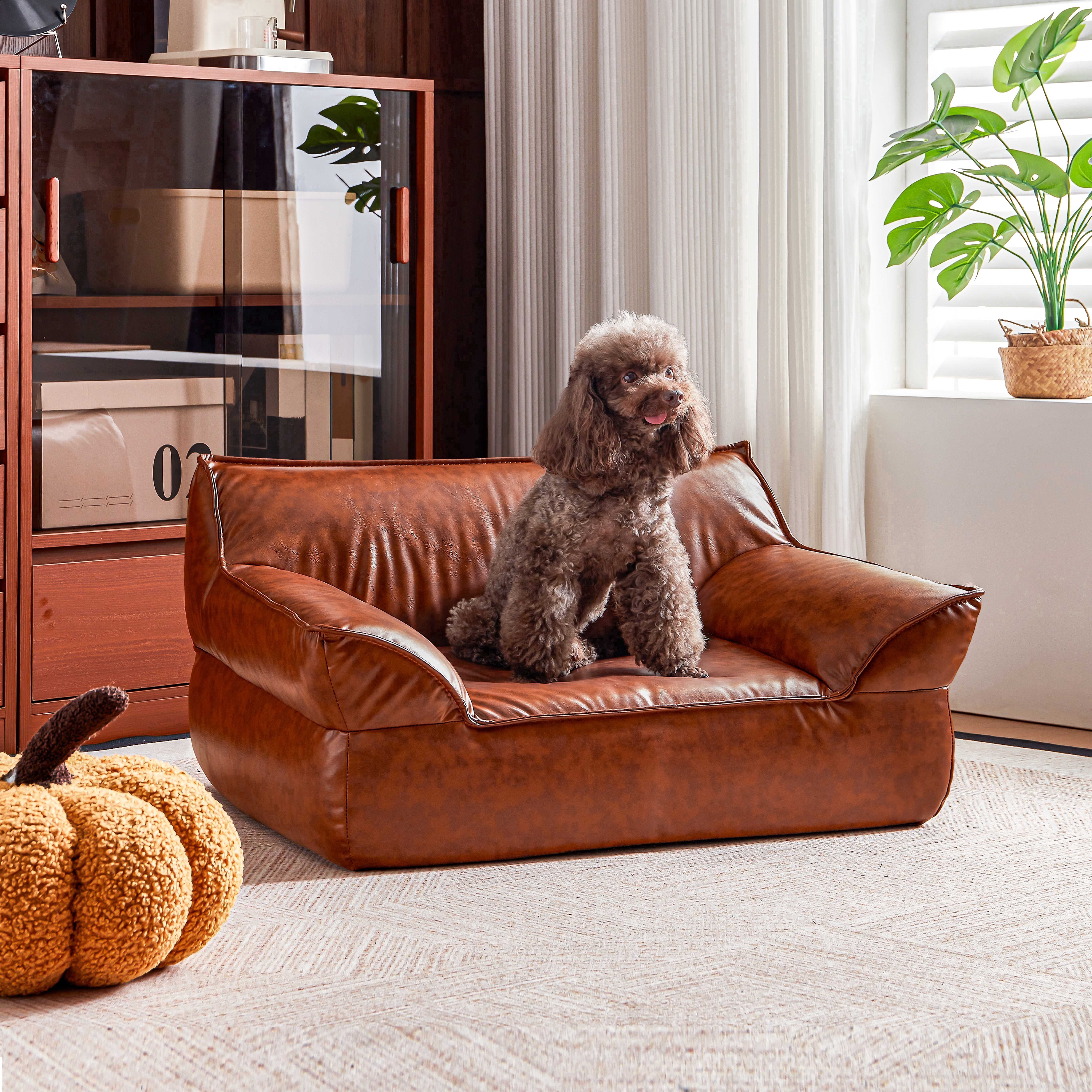 ATJafurn 31.5''W Leather Brown Dog Bed Sofa, Mid-Century Modern Pet Bed Couch for Medium Dogs up to 50lbs with Removable & Washable Cover