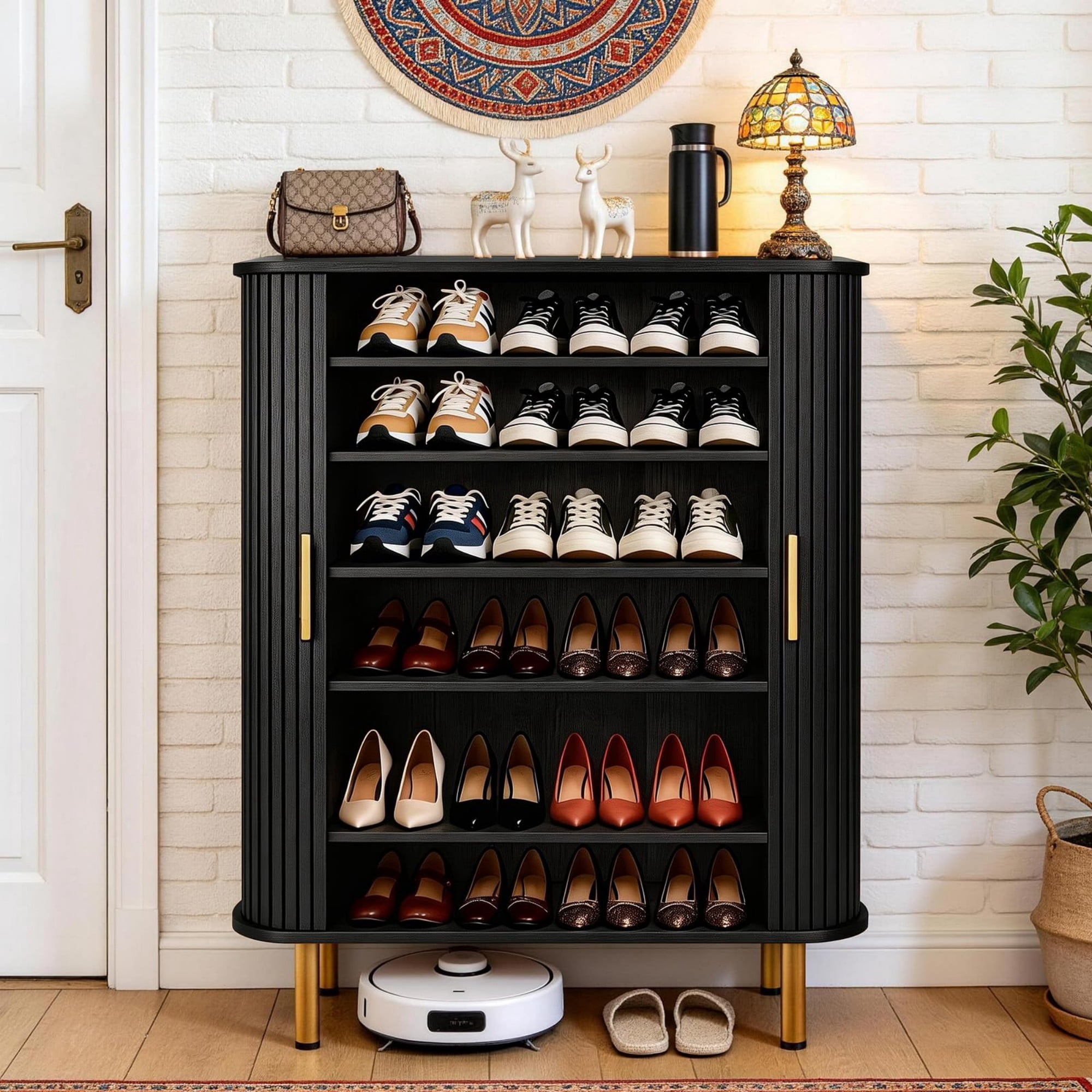 31.5"W Shoe Storage Cabinet with Sliding Door, 6 Tier Adjustable Shoe Rack, Mid Century Modern Entryway Organizer, Black