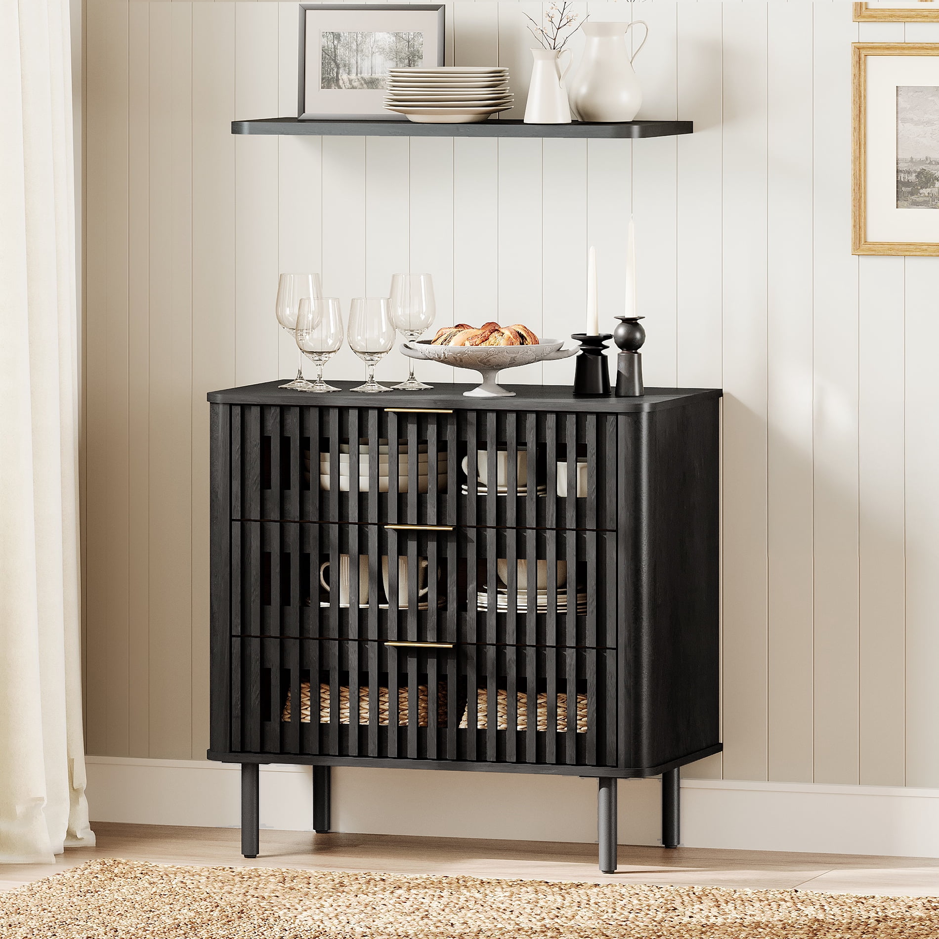 31.5"W Sideboard Buffet Cabinet with Storage, Fluted Kitchen Buffet Storage Cabinet with 3 Drawer, Large Coffee Bar Cabinet, Modern Buffet Table for Dining Living Room, Black