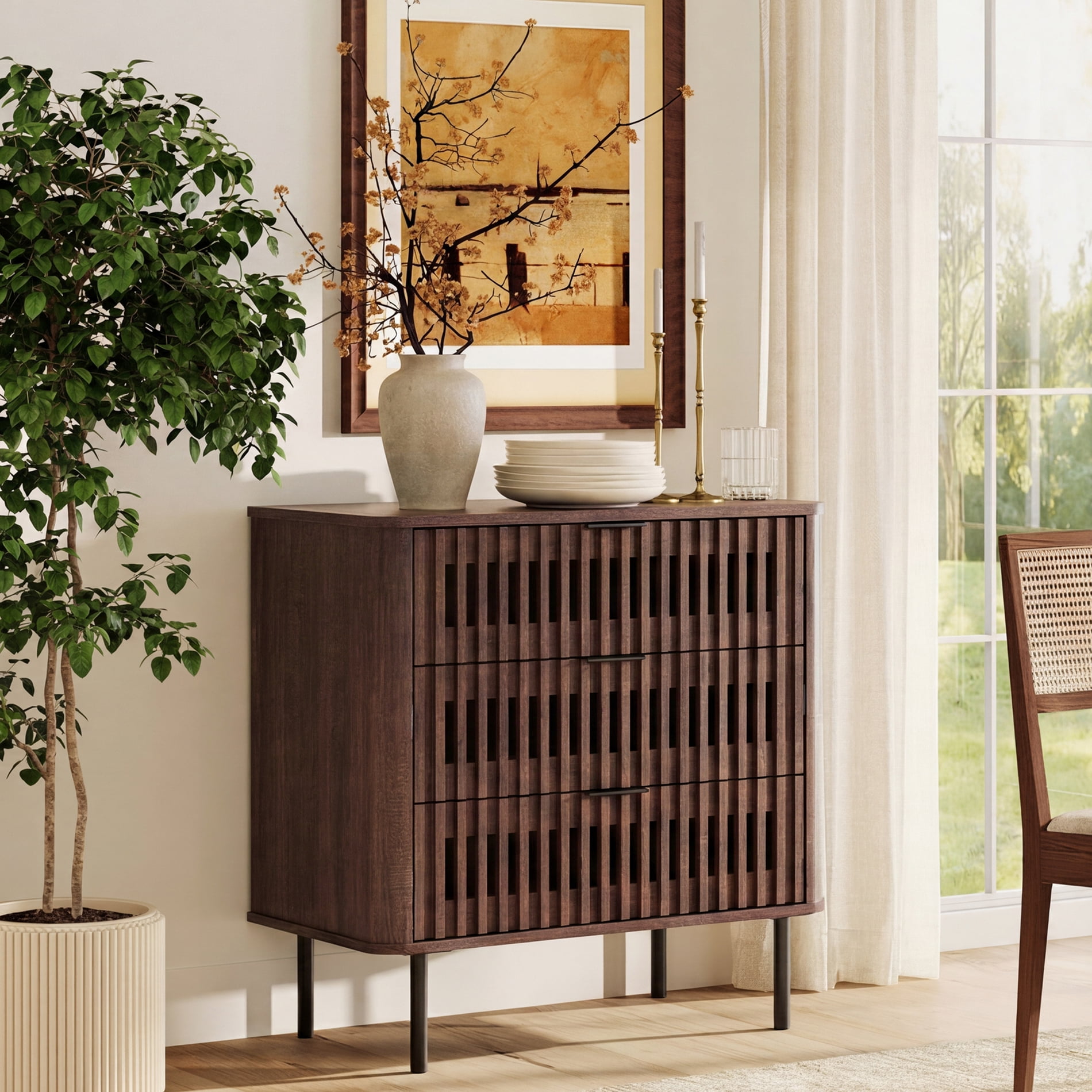 31.5"W Sideboard Buffet Cabinet with Storage, Fluted Kitchen Buffet Storage Cabinet with 3 Drawer, Large Coffee Bar Cabinet, Modern Buffet Table for Dining Living Room, Walnut