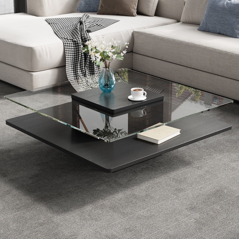 31.5''W Square Cocktail Coffee Table with Clear Tempered Glass Top, 2-Tier Accent Center Table with Open Storage Shelf