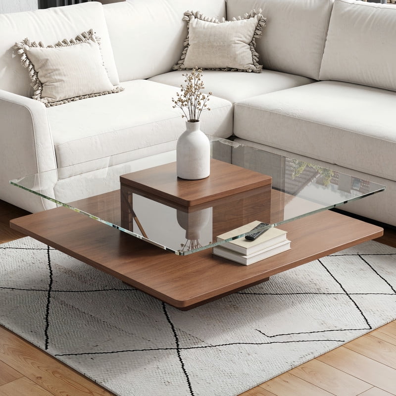 31.5''W Square Cocktail Coffee Table with Clear Tempered Glass Top, 2-Tier Accent Center Table with Open Storage Shelf