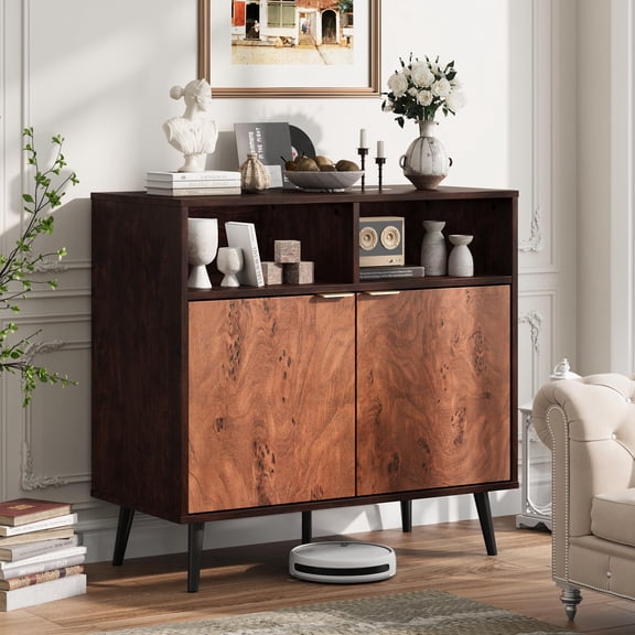 31.5" Walnut Buffet Sideboard Cabinet with Drawers & Doors Metal Handles, Robot Vacuum Friendly, for Kitchen, Coffee Bar, Living Room