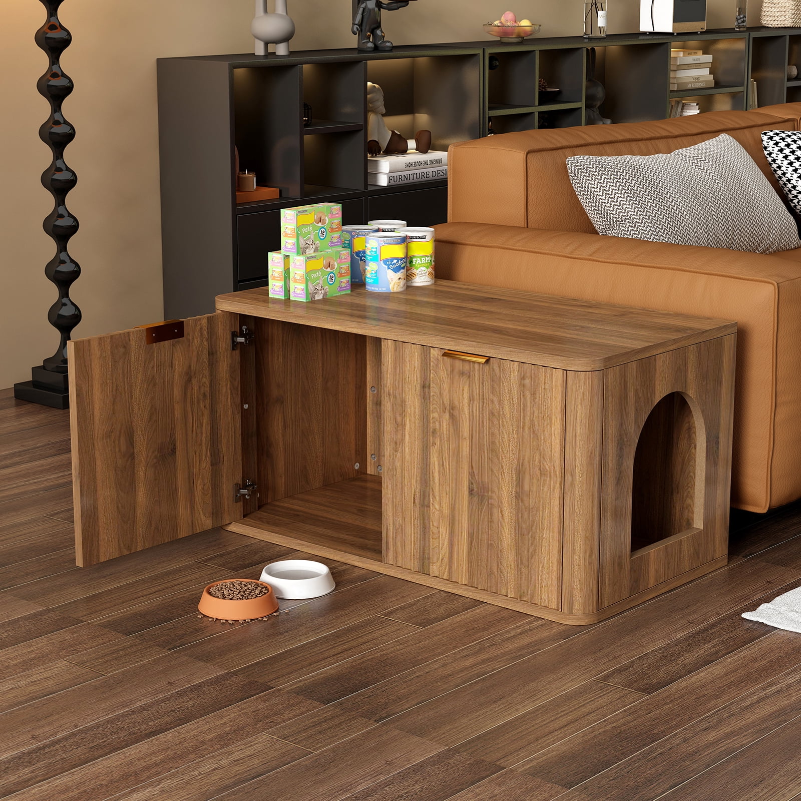 31.5" Walnut Cat Litter Box Enclosure, Mid Century Modern Fluted Hidden Litter Box Cabinet, Decorative Kitty End Table for Living Room, Bedroom and Entryway
