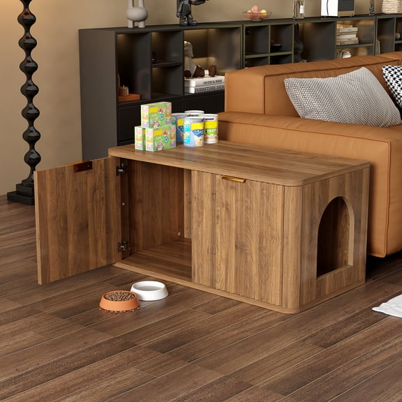 31.5" Walnut Cat Litter Box Enclosure, Mid Century Modern Fluted Hidden Litter Box Cabinet, Decorative Kitty End Table for Living Room, Bedroom and Entryway