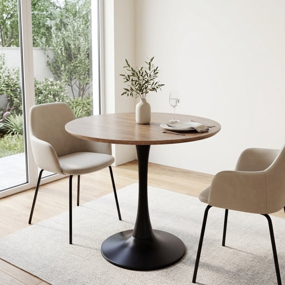 31.5" Walnut Round Dining Table with Pedestal Base - Mid-Century Modern