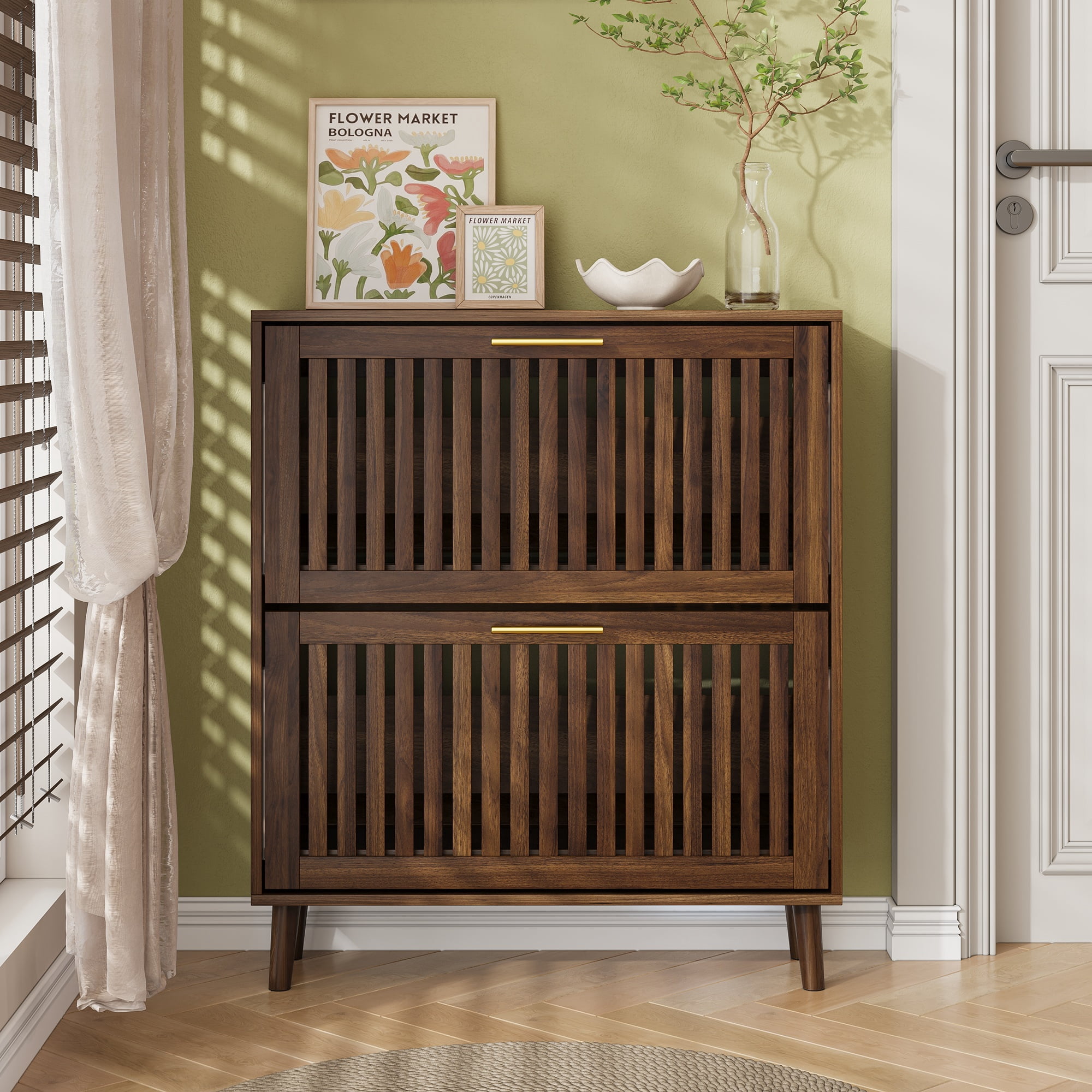 Mid-Century Modern 31.5-inch Walnut Shoe Cabinet with Two Flip Drawers
