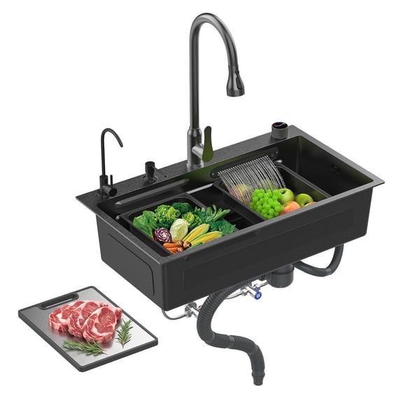 31.5" Waterfall Kitchen Sink Drop In Stainless Steel Large Single Bowl with Colander, Cutting Board, Soap Dispenser