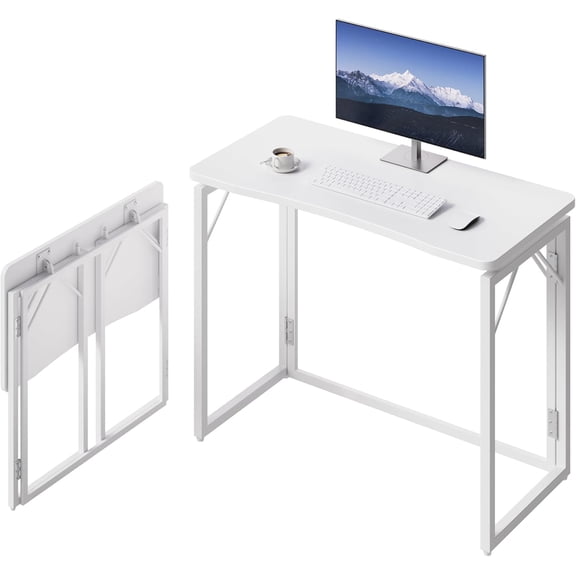 31.5" White Folding Desk, No Assembly, Wooden Top, Small Size | Foldable Desk for Work, Study, Craft | Lightweight & Portable Foldable Table | Small Desk Easy to Storage | Hold 150 lbs