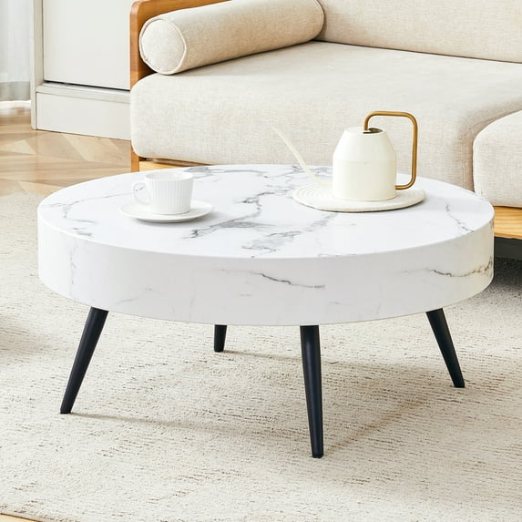 31.5" White Marble-Patterned MDF Round Coffee Table with black Metal Legs.Adjustable Feet