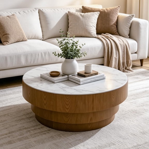 31.5" White Round Coffee Table, Round Coffee Table with Sintered Stone Tabletop and MDF with Wood Veneer Tiered Base, Modern Low Profile Circle Cocktail Tea Table for Living Room