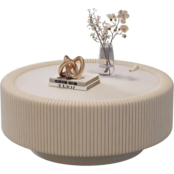 31.5" White Round Fluted Coffee Table with Hidden Storage, Drum Coffee Table with Tempered Glass Top, PU Leather Body, Baked Enamel Metal Base, Modern Minimalist Circle Tea Table