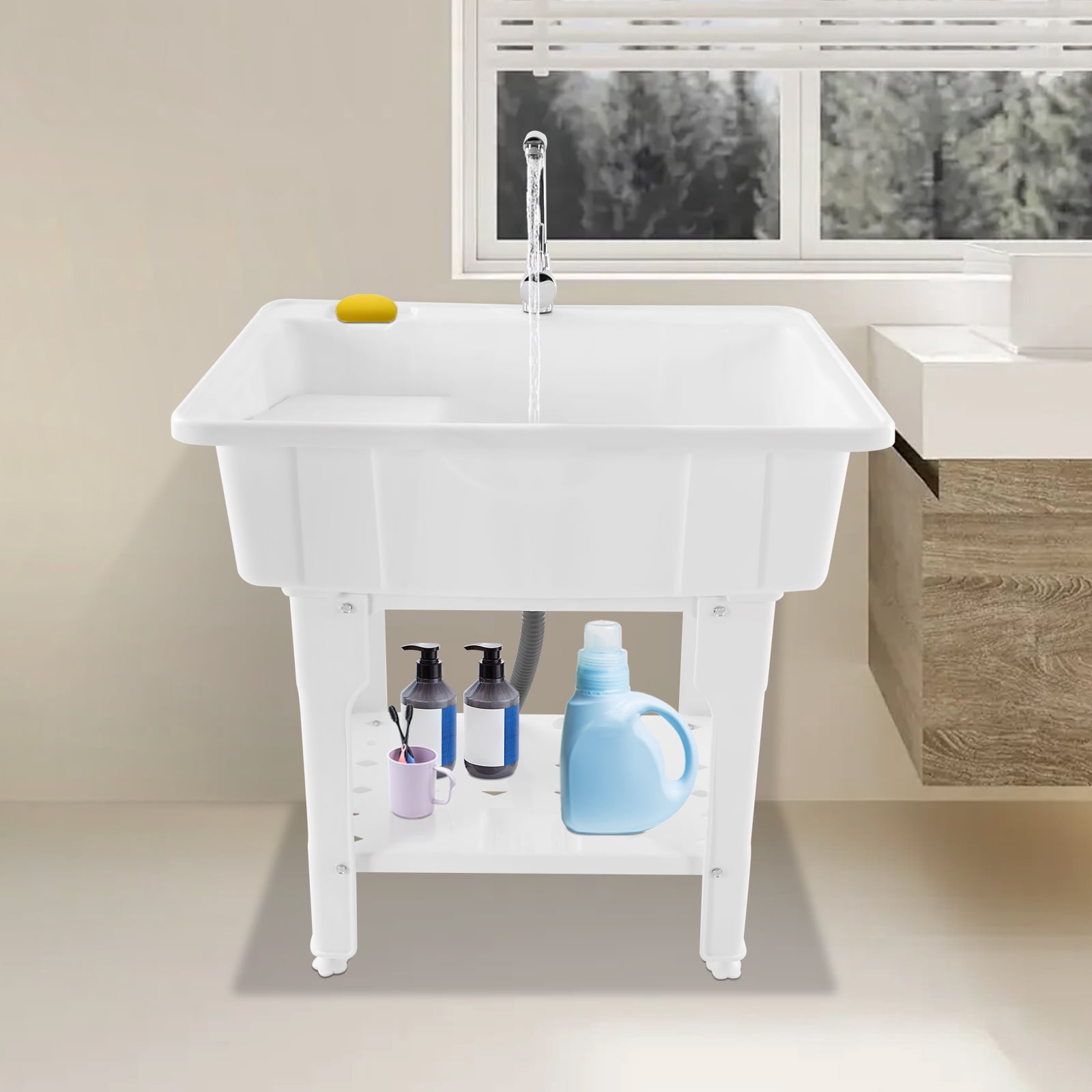 31.5" White Utility Sink Laundry Tub, Freestanding Plastic Laundry Sink w/Removable Washboard, Floor Mount Laundry Room Utility Sink with Cold&Hot Water Faucet for Laundry Room,Garden