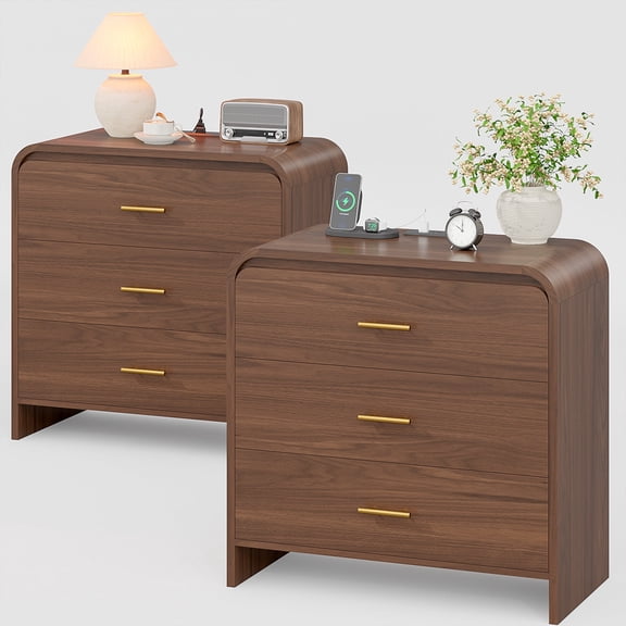 31.5" Wide Nightstand Set of 2, Oversized 3 Drawers Night Stand With Charging Station, Extra Large Bedside Table, Mid Century Modern Wood Dresser for Bedroom, Walnut (Set of 2)
