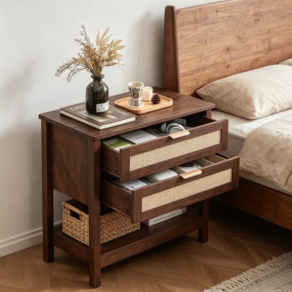31.5" Wide Rattan Walnut Nightstand, Oversized Large Boho Night Stand with 2 Drawers, 30" Tall Bedside Table with Storage Shelf, Bed Side End Table for Bedroom, Living Room, Hallway