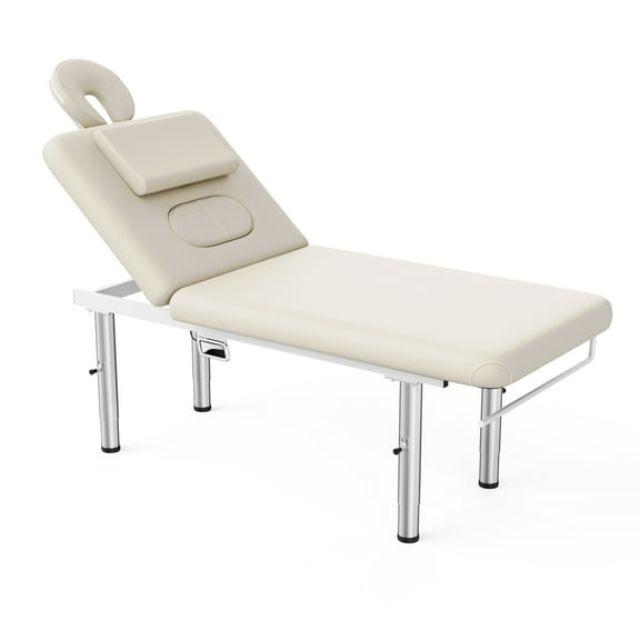 31.5 Wide Stationary Massage Table with Face Pillow and Stainless Steel Adjustable Legs, Adjustable Backrest for Treatment, Physical Therapy, Spa Facial Professional Heavy Duty Massage Bed -White
