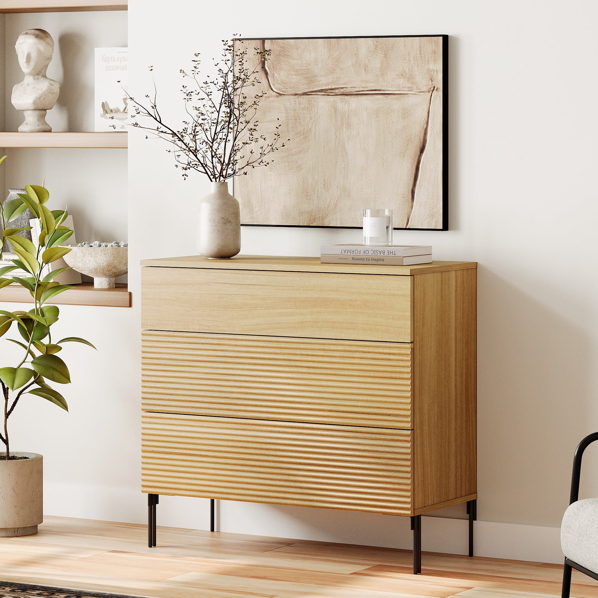 31.5" Wood Accent Chest with Drawers, Modern Credenza Storage Cabinet with Reeded Design for Living Room, Kitchen, Dining Room, Hallway