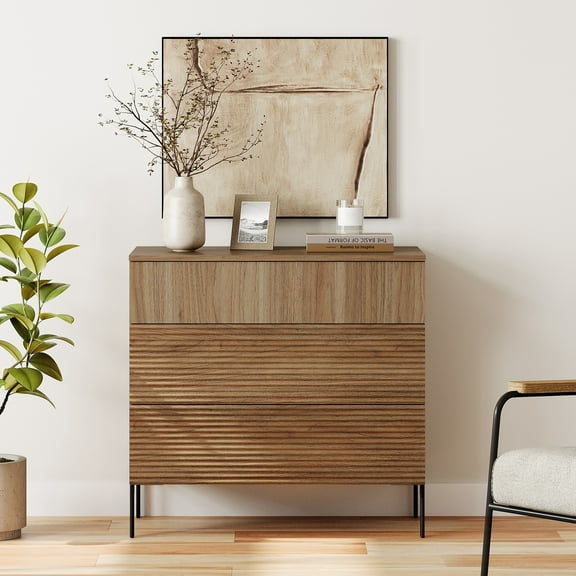 31.5" Wood Accent Chest with Drawers, Modern Credenza Storage Cabinet with Reeded Design for Living Room, Kitchen, Dining Room, Hallway