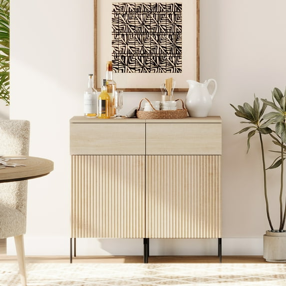 31.5" Wooden 2-Doors Sideboard with Charging Station, Modern Reeded Credenza Storage Cabinet for Kitchen, Dining Room