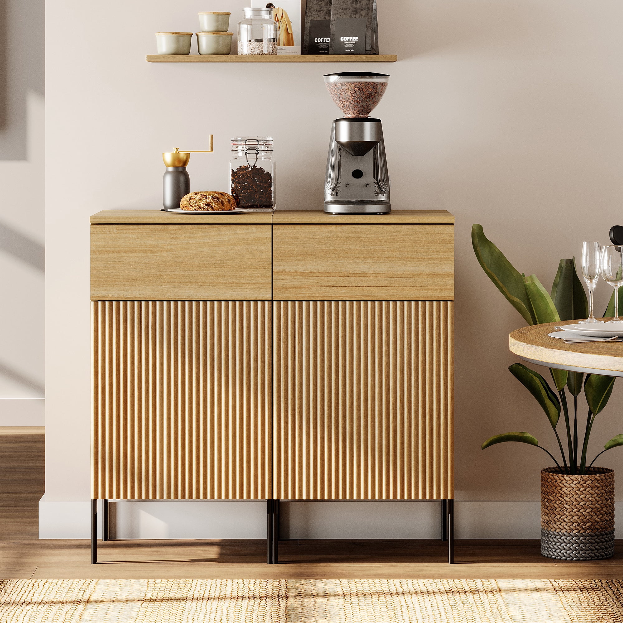 31.5" Wooden 2-Doors Sideboard with Charging Station, Modern Reeded Credenza Storage Cabinet for Kitchen, Dining Room