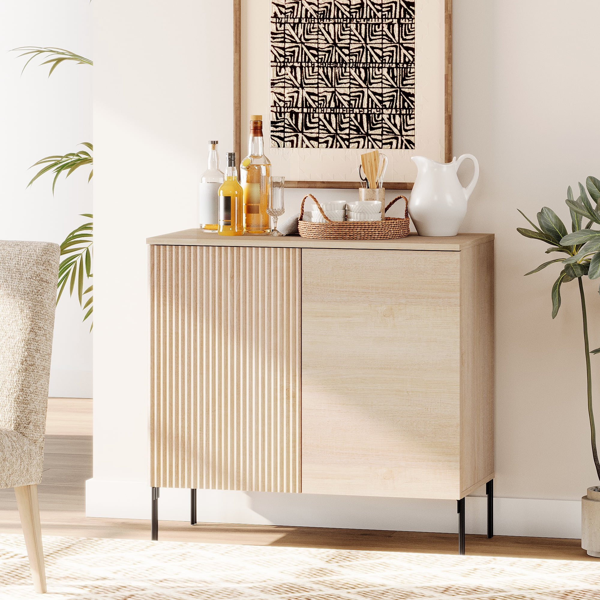 31.5" Wooden Reeded Sideboard with 2 Doors, Modern Credenza Storage Cabinet for Kitchen, Dining Room