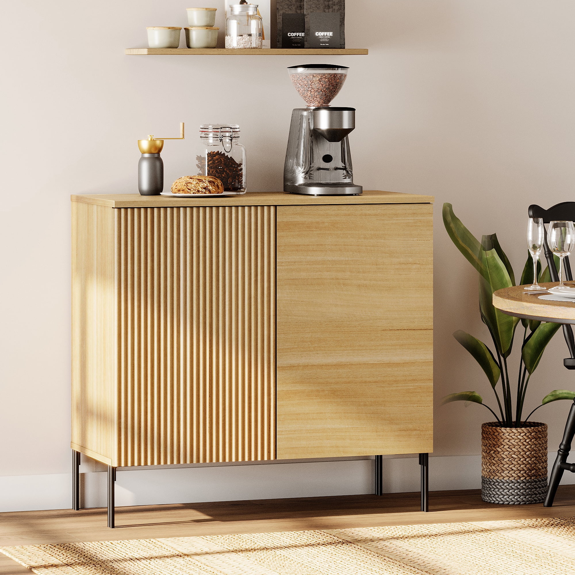 31.5" Wooden Reeded Sideboard with 2 Doors, Modern Credenza Storage Cabinet for Kitchen, Dining Room