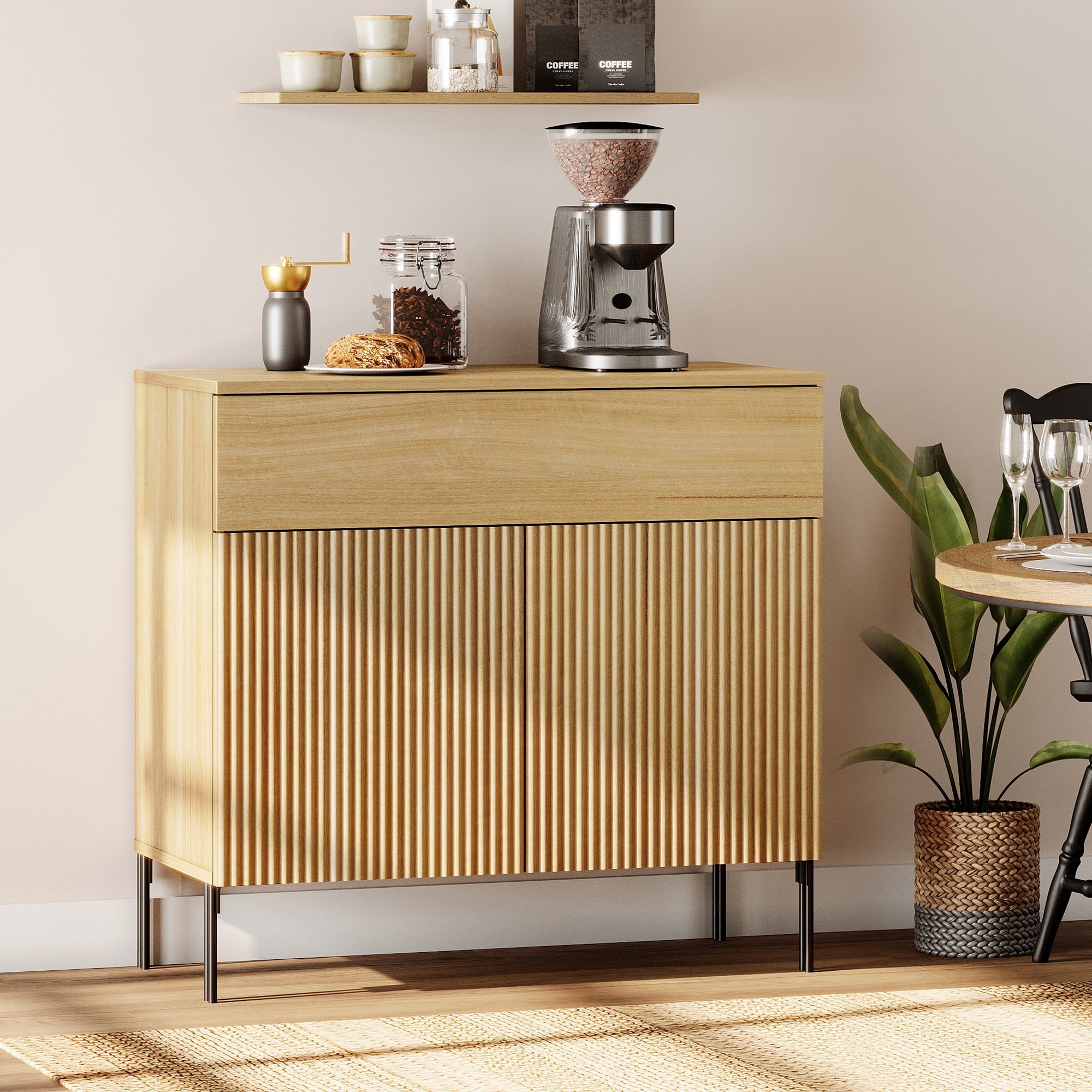 31.5" Wooden Reeded Sideboard with Doors and Drawer, Modern Credenza Storage Cabinet for Kitchen, Dining Room