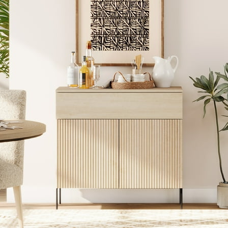 31.5" Wooden Reeded Sideboard with Doors and Drawer, Modern Credenza Storage Cabinet for Kitchen, Dining Room