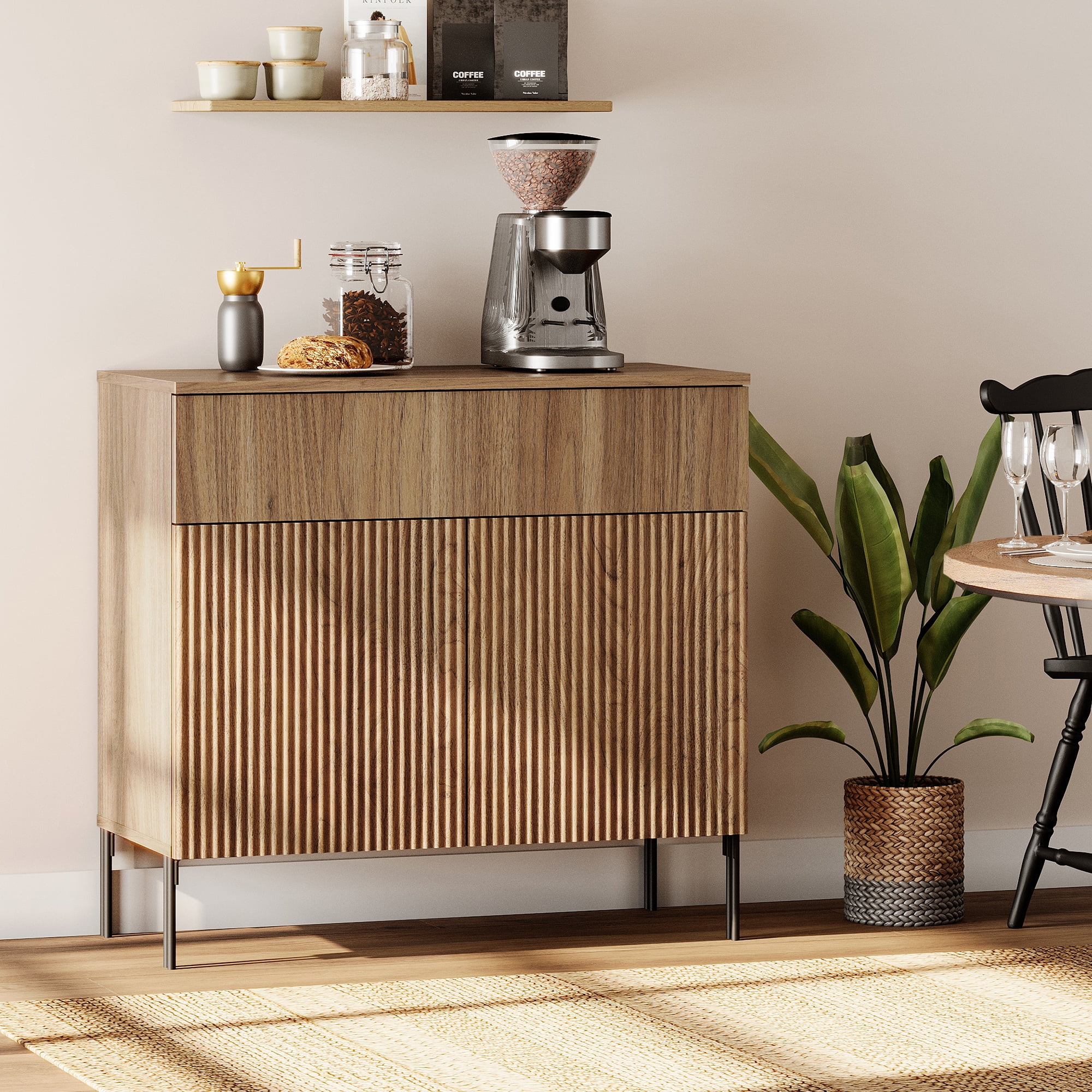 31.5" Wooden Reeded Sideboard with Doors and Drawer, Modern Credenza Storage Cabinet for Kitchen, Dining Room