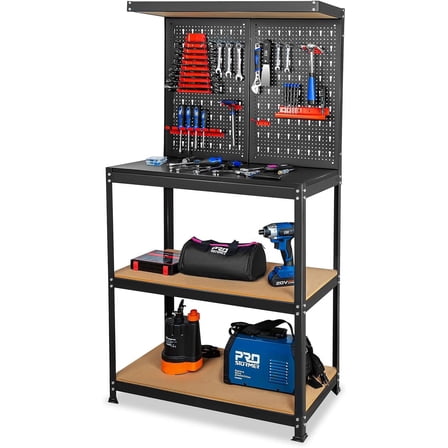 31.5”Workbench, Heavy-Duty Steel Tool Workbench with Pegboard Shelves, 330Lbs Multipurpose Work Benches for Garage, Home, Workshop Storage