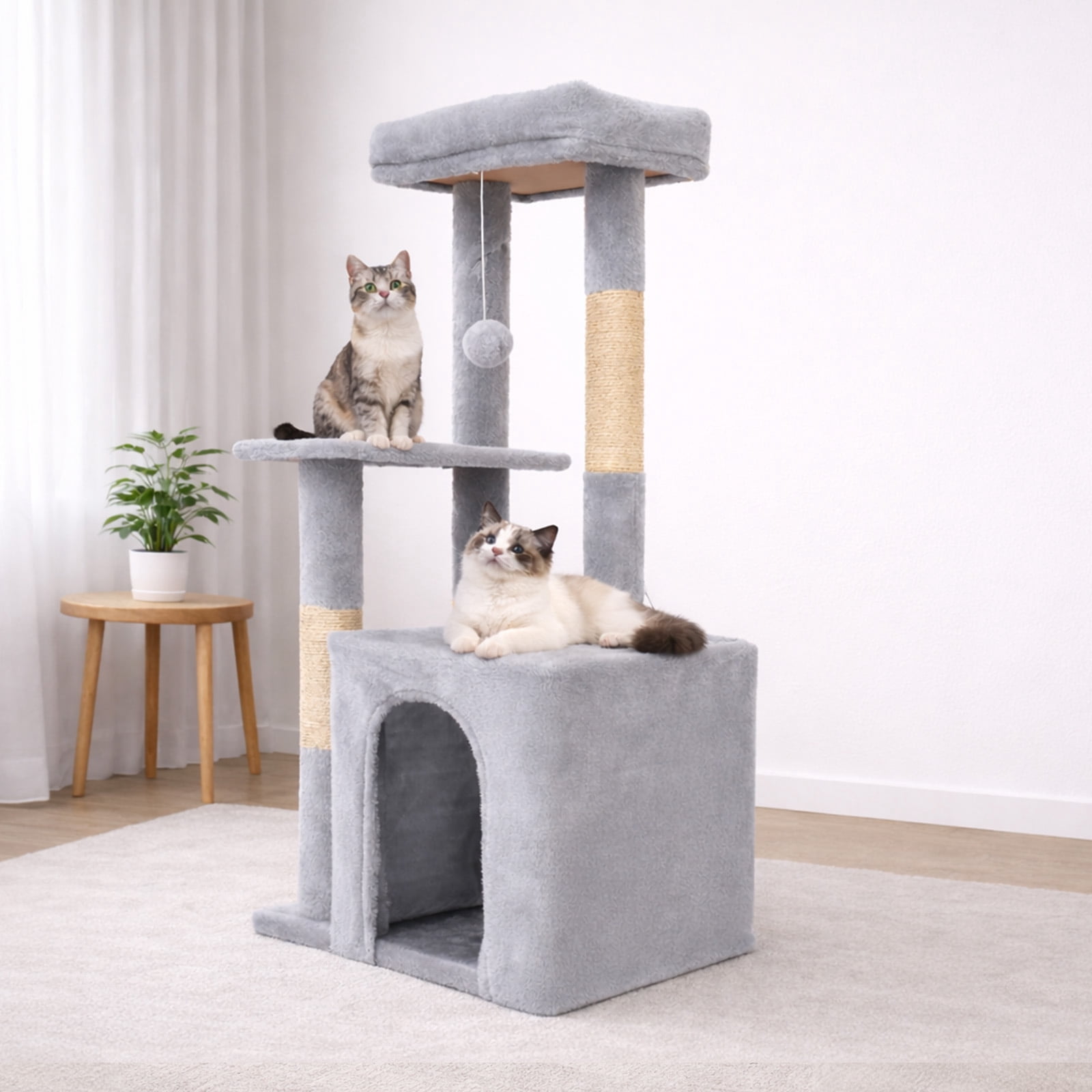 31.5 in Cat Tree, Multi-Level Cat Tree Tower， Cat Tower with Sisal Scratching Posts, Condos, Plush Perches, Hanging Cat Toys, Light Gray