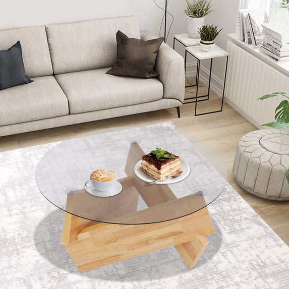 31.5 in Modern Side Table with Tempered Glass Top, Round End Table