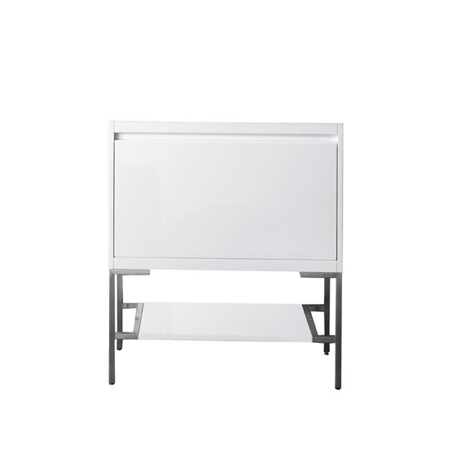 Glossy White and Brushed Nickel Freestanding Single Vanity Base Cabinet