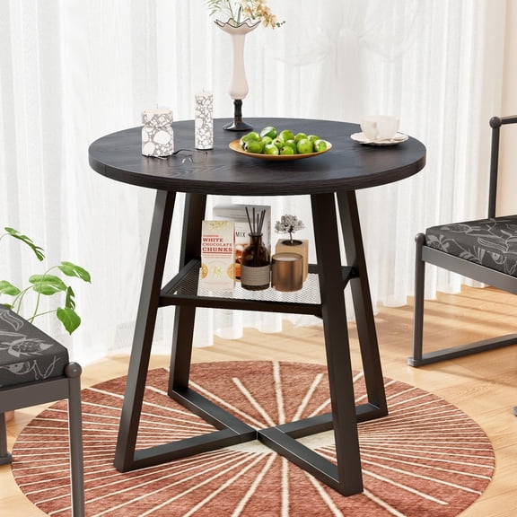 31.5 in Small Round Dining Table for 2–4, Space Saving Kitchen Table with Storage, Mid Century Modern Metal Legs, Black