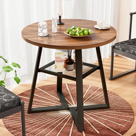 31.5 in Small Round Dining Table for 2–4, Space Saving Kitchen Table with Storage, Mid Century Modern Metal Legs, Walnut