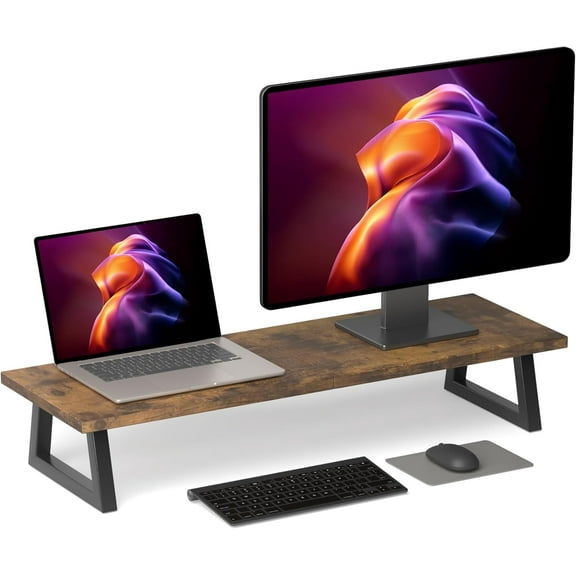 31.5 inch Dual Monitor Riser for 2 Monitors, Long Monitor Stand Riser TV Stand Riser Monitor Stand for Desk Wood & Steel Desktop Riser Desk Organization Home Office