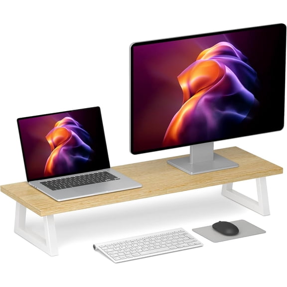 31.5 inch Dual Monitor Riser - Wide TV Stand for 2 Monitors - Wood & Steel Desktop Riser for Dual Screen Office Desk Organization