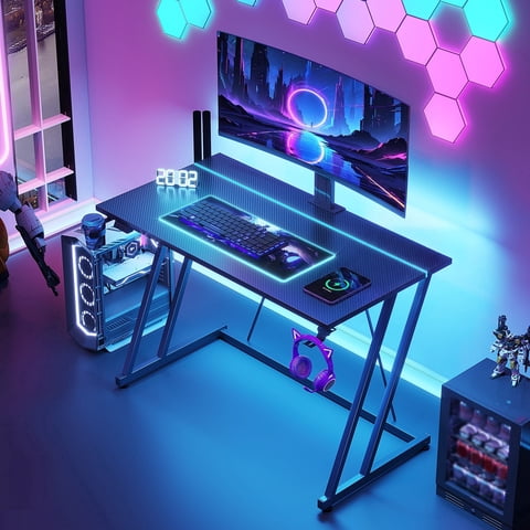Casacomoda 32 Inch Small Gaming Desk with LED Light, Z-Leg Gaming Table for Small Space, Corner Desk with Headphone Hook, Computer Desk, Black