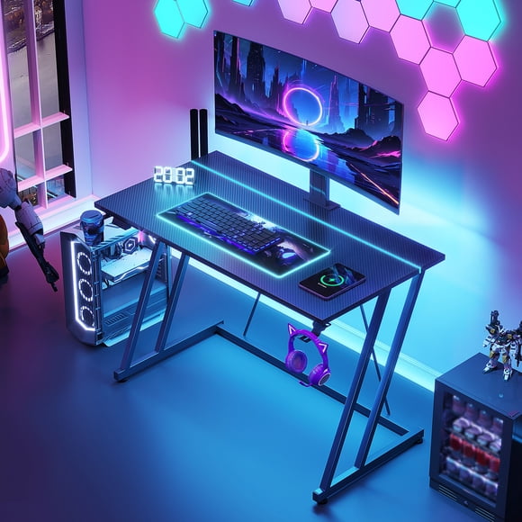 31.5 inch Gaming Desk with Z-Leg Design, Computer Desk with LED Light, Gaming Table Suitable for Small Space, Black