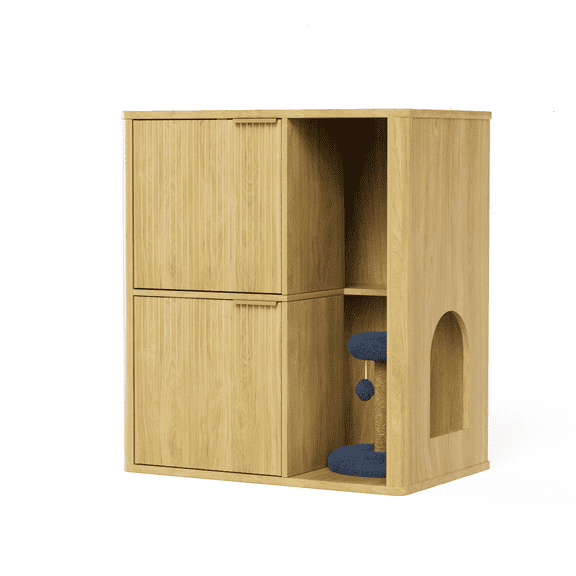 31.5" Light Wood Cat Litter Box Enclosure with Dual Doors and Storage Shelves, MDF Construction, Versatile Cabinet for Living Room